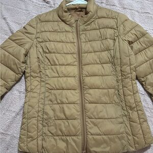 Tan Puffer Jacket with Quilted Design and Stand-Up Collar